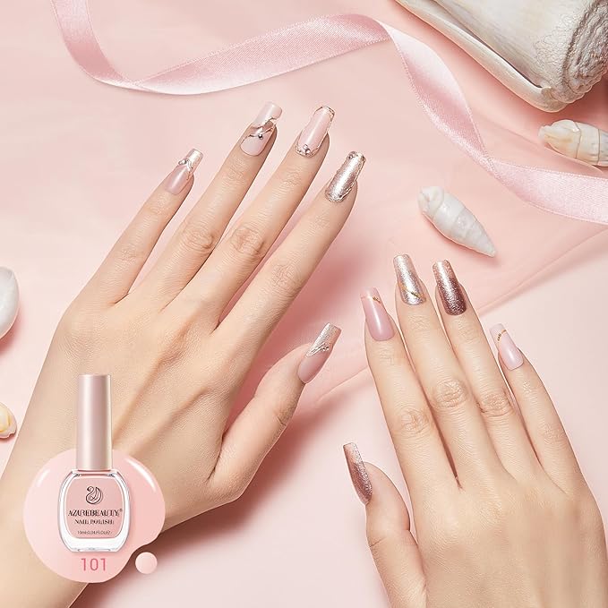 AZUREBEAUTY Nail Polish Set, 4 Colors Nude SKin Glitter Pearl Long Lasting All Season Quick Dry Natural Fingernail Lacquer Strengthening Treatment Kit 10ML with Top Coat DIY Salon at Home