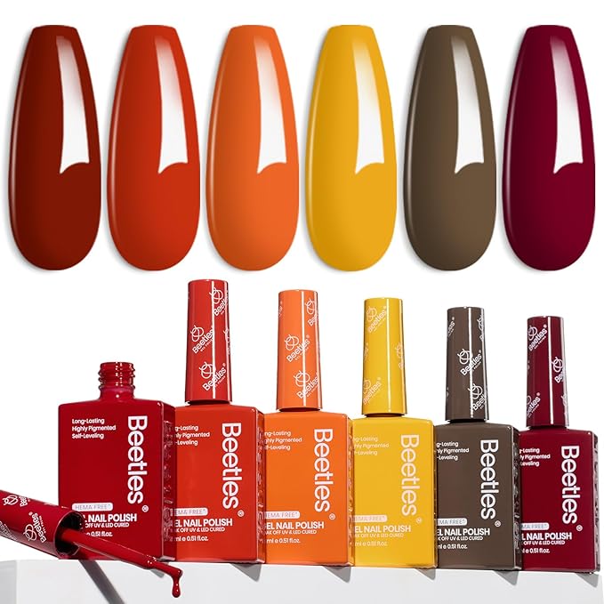 Beetles Orange Gel Nail Polish Set 6 Colors Burgundy Brown Dark Red Yellow Light Orange Fall Gel Polish Kit Soak Off UV LED Hema Free DIY Home Salon Gift for Women Autumn Dusk
