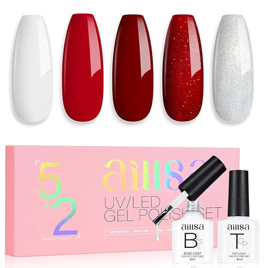 AILLSA Red Polish Set White Glitter Burgundy Red Nail Polish with Base and Top Coat, Christmas Red Sliver Sparkle Polish Soak Off U V Starter Kit for Art Salon DIY