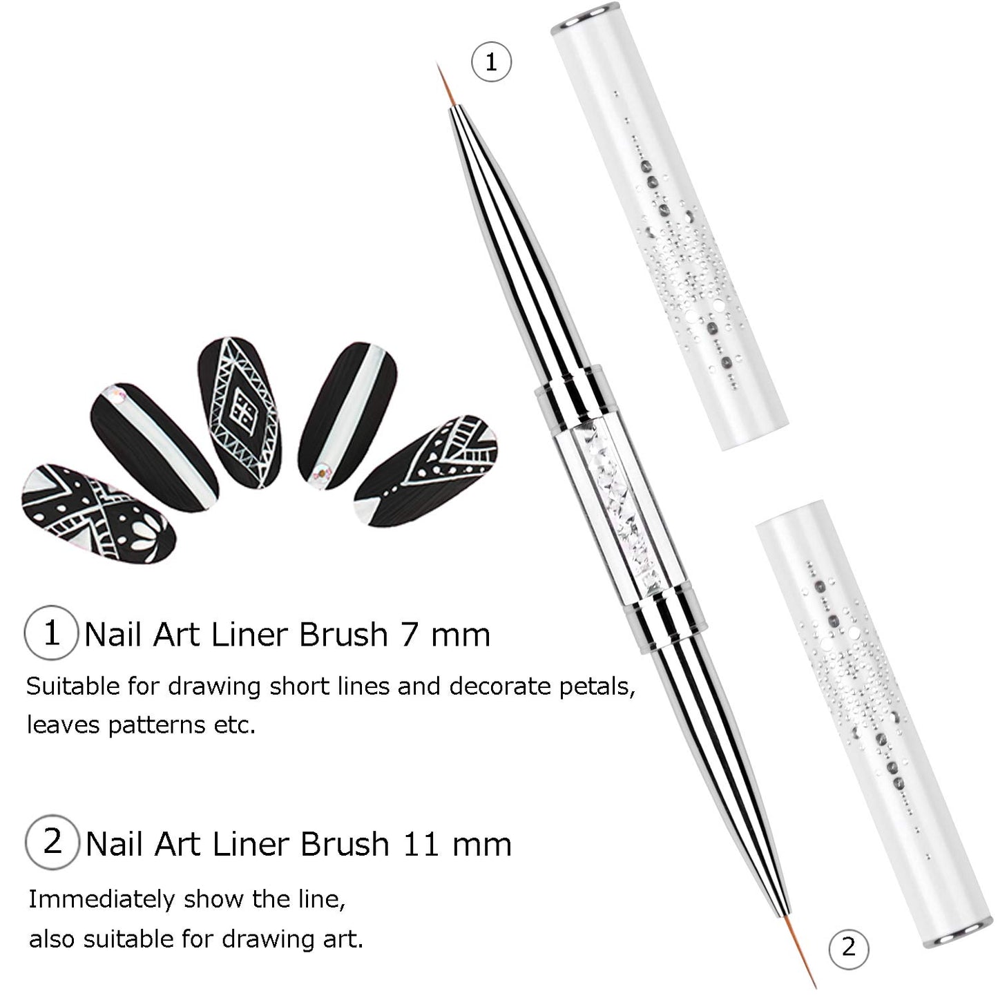 2Pcs Dual-ended Nail Design Brushes Rhinestone Handle UV Gel Nail Brush Set Professional Nail Art Tools