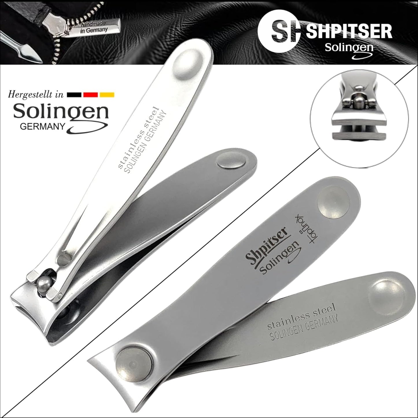 Shpitser Nail Kit, Manicure and Pedicure Women Set of 5 tools: Scissors, Clipper, Tweezers, Nail Cleaner, Nail File, Made in Solingen, Germany, Sturdy Stainless Steel, In Italian Leather Case