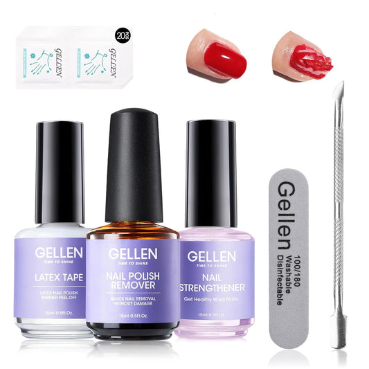 Gellen Gel Polish Remover Kit for Nails, 3-5 minutes Easy Quick Removal with Peel Off Liquid Latex Tape and Nail Strengthener Serum Repair Nourishing Thin Nails, No Need for Wrapping or Soaking