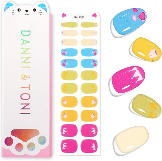 DANNI & TONI Kids Gel Nail Strips Diamond Crown Heart Accent Nails Salon-Quality Peel & Stick Manicure for Children (Age 6+)– Safe, Long-Lasting, Easy to Apply |Candy Crown