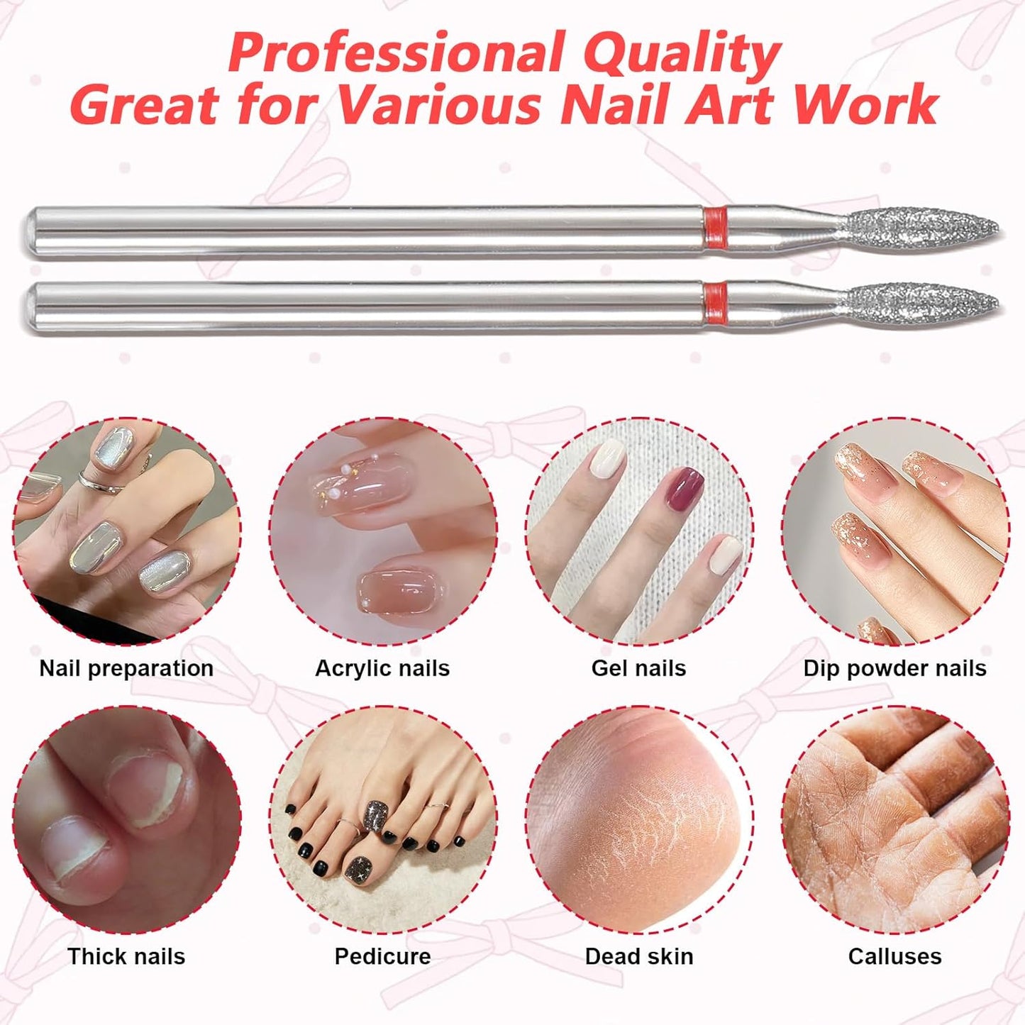 10pcs Diamond Flame Cuticle Drill Bits Set for Dead Skin 3/32'' Nails, Professional Safety Under Nail Cleaner Burr for Cuticle Dead Skin, Dry Manicure Pedicure Shape Remove Nail Salon Toolsv