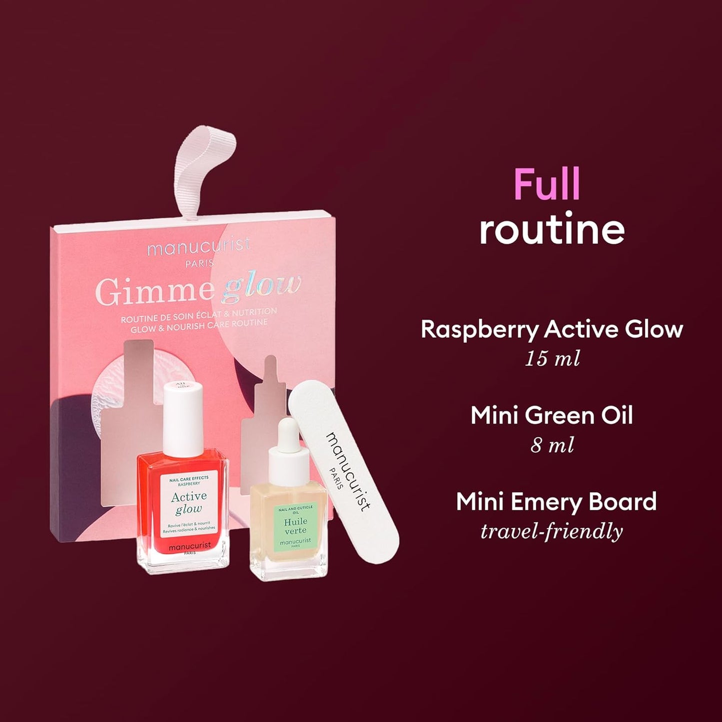 Manucurist Active Glow Raspberry Gift Set + Green Oil – Includes: 1 Care & Makeup Nail Polish, 1 Cuticle Nail Oil, 1 Complimentary Mini Nail File – Christmas Gifts for Women - Gift Box
