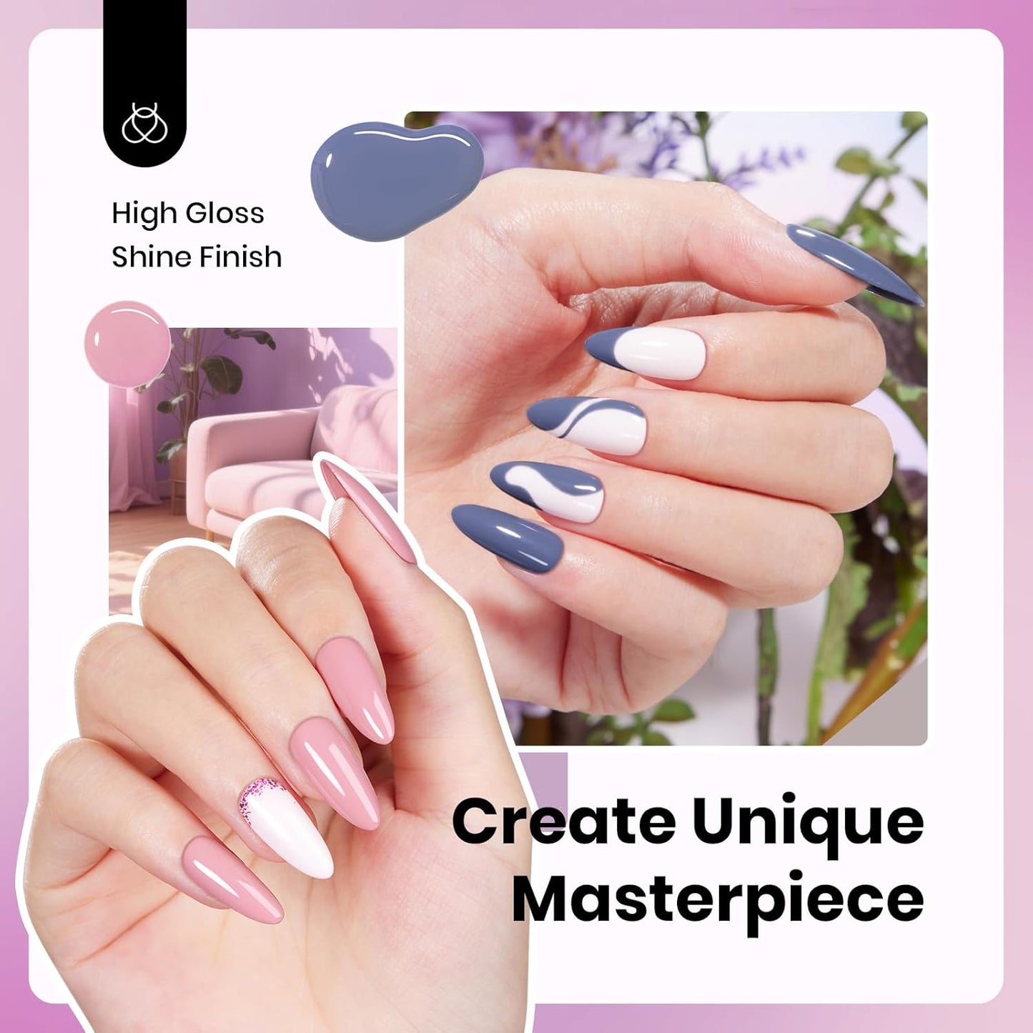 Beetles Gel Nail Polish Set Hema Free - 6 Colors Purple Nude Baby Pink Blue Gel Polish Kit Soak Off Uv LED Nail Lamp 15ml DIY Home Manicure Salon Serene Afternoon Gift for Women Girls
