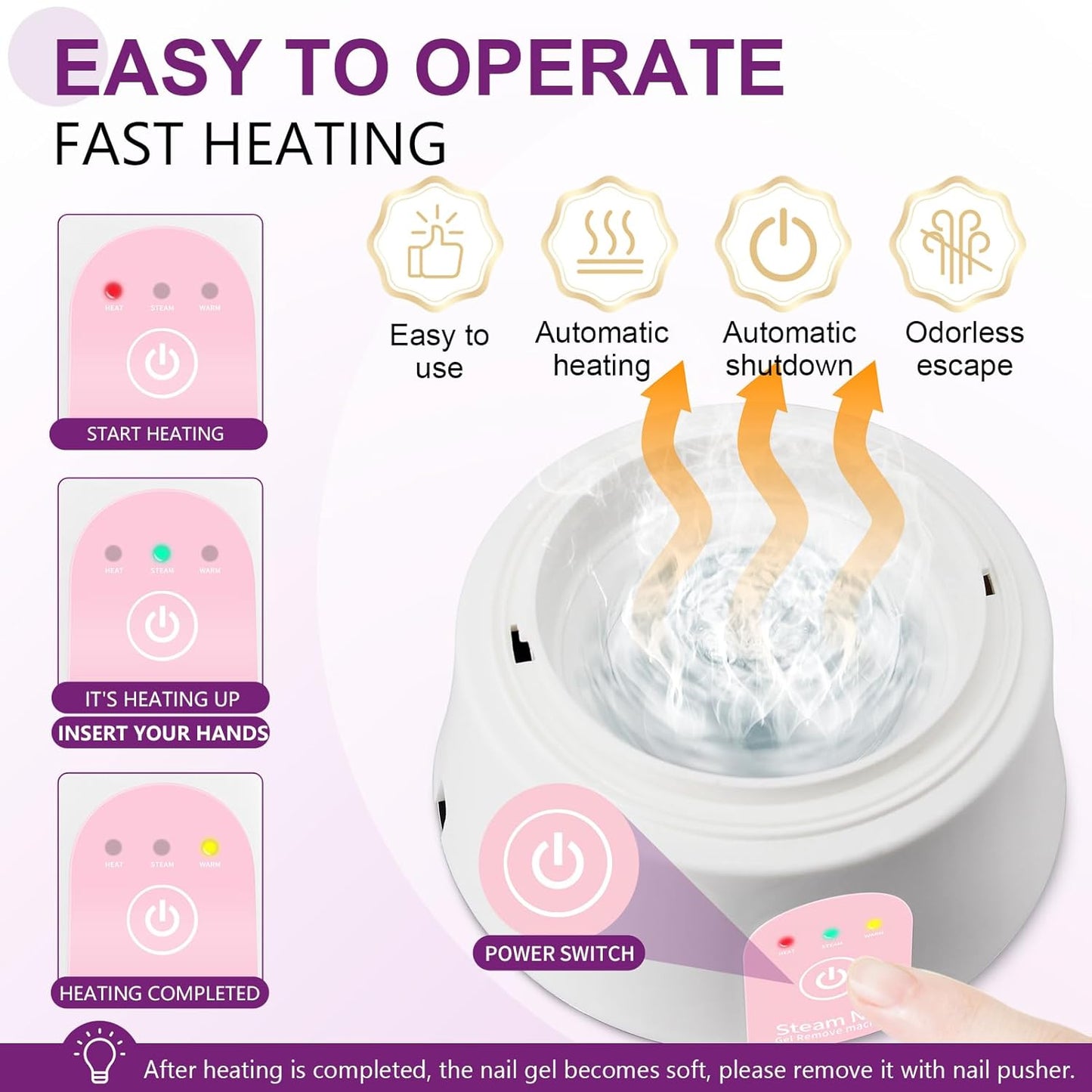 Soak off Bowl, Electric Nail Soaking Bowl Manicure Nail Soaker Nail Polish Remover Machine with Silver Cuticle Pusher for Dip Powder Acrylic Nails Gels, Pink-White