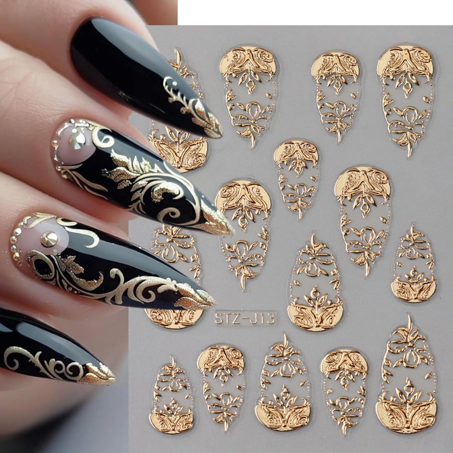 4 Sheets Gold Nail Art Stickers 5D Embossed Flower Nail Decals Metallic Totem Leaves Floral Nails Design Manicure Sliders Self Adhesive French Retro Golden Foil Nail Art Supplies for Women DIY Nail