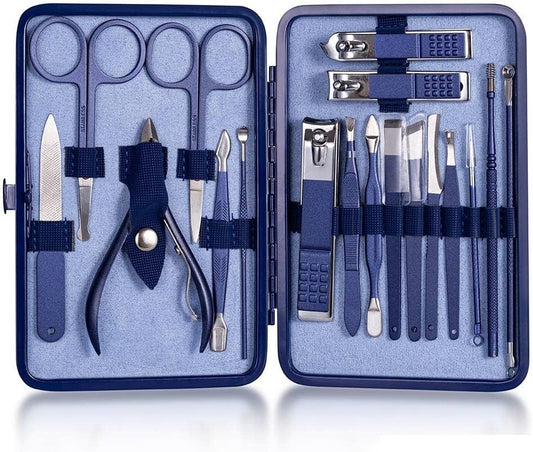 Multifunction Nail Clipper Set Pedicure Cutter Nail File Scissors Kit with Travel Case Stainless Steel Blue Manicure Set Tools (Color : 18pcs-Blue)