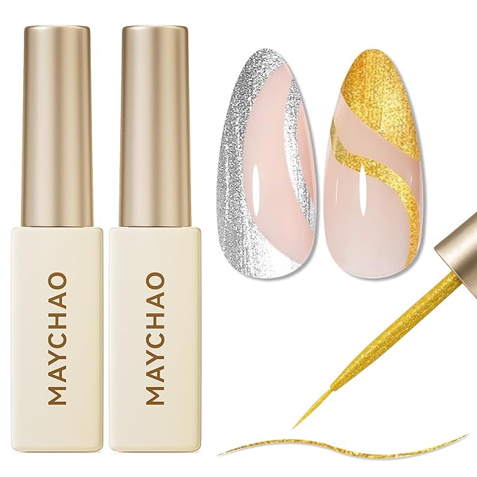 MAYCHAO 2pcs Glitter Silver & Gold Swirl Gel Liner Nail Art Polish, Classic Gel Color Built-in Thin Brush, UV Light Cure for French Nail Tips DIY Manicure at Home Salon