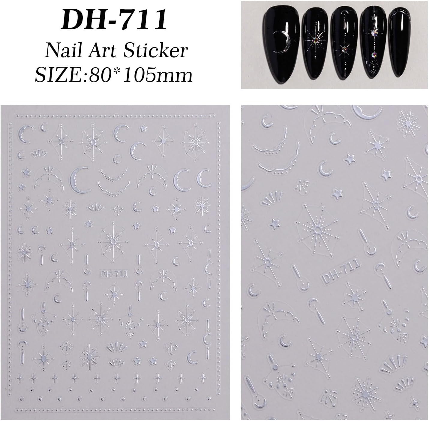 2 Sheets 3D Nail Stickers Star Moon Nail Art Decals Gold Silvery Nails Supplies Self-Adhesive Manicure Supplies for Women