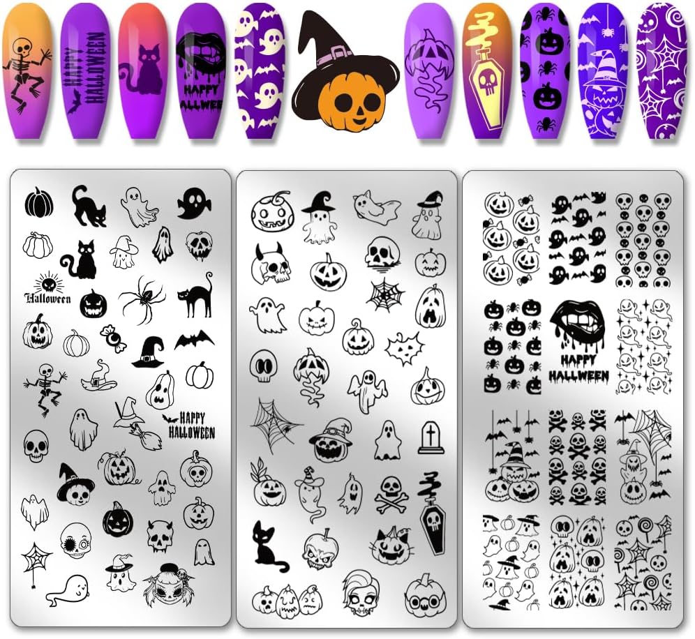 PH PandaHall Halloween Theme Nail Art Plates 3pcs Skull Ghost Witch Pumpkin Nail Stamping Plate Image Plate Art Design Stamp Templates for DIY Print Manicures Salon Design