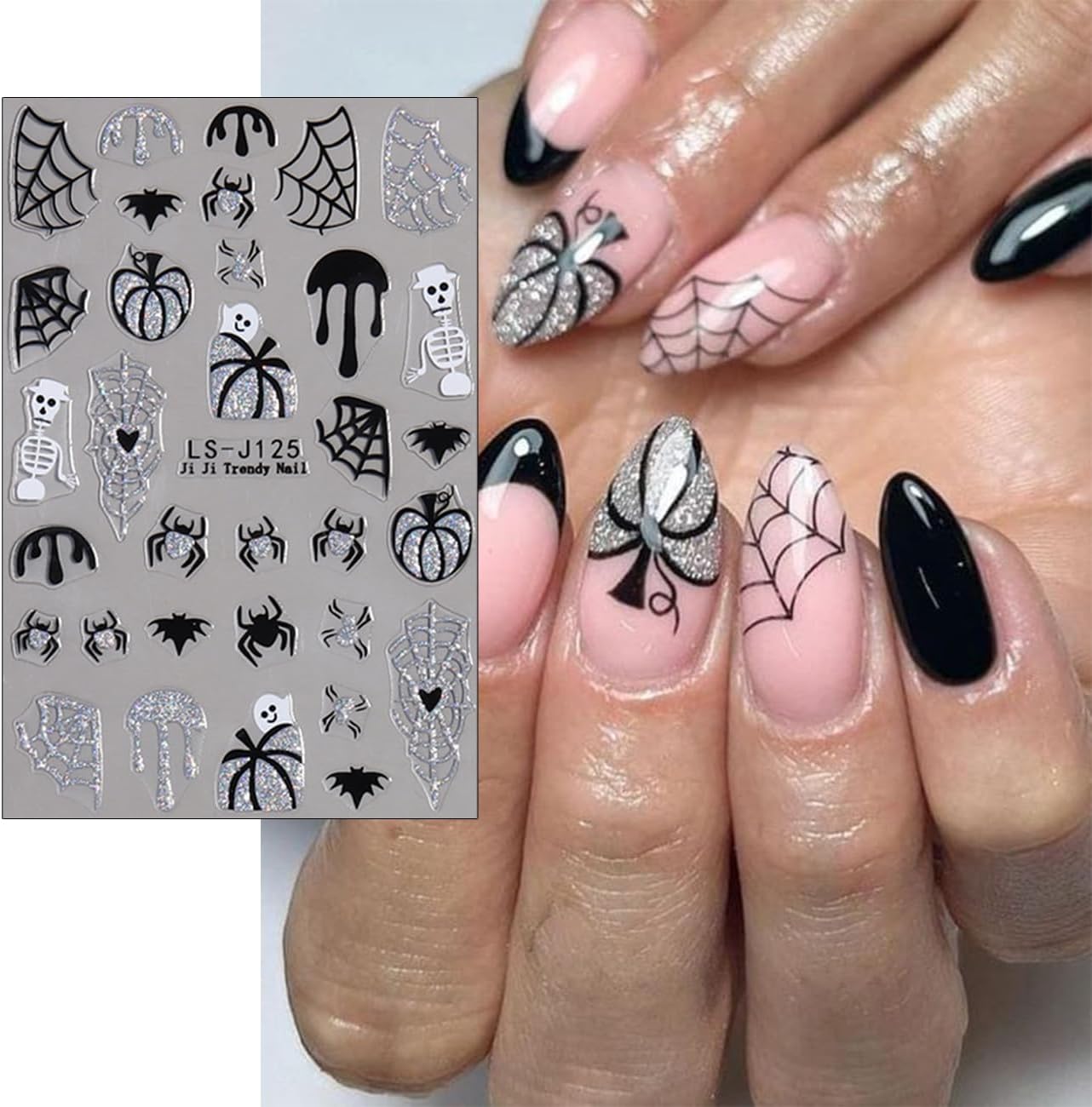 Silver Glitter Spider Nail Stickers,Halloween 3D Nail Decals Spiders Web Love Heart Glitter Flame Blood Drop Bat Star Moon Ghost Skull Design for Nail Art Halloween Supplies Manicure Decorations 6Pcs