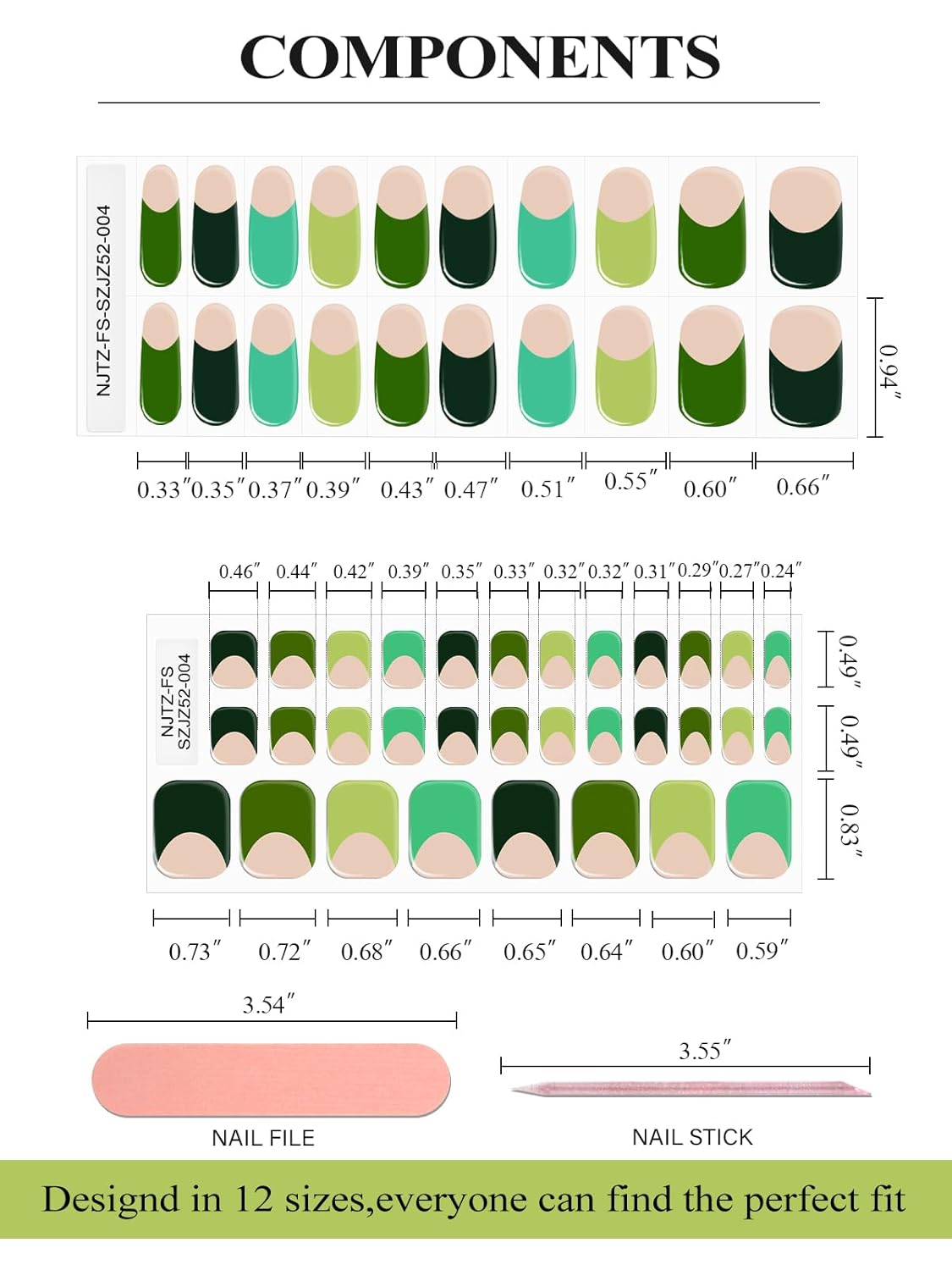 EBANKU 52Pcs Semi-Cured Gel Nail Strips Toes, Green Deep French Gel Nail Strips for Toes, Long-Lasting French Manicure Stickers Salon Nails at Home Requires UV Light with Nail File&Stick