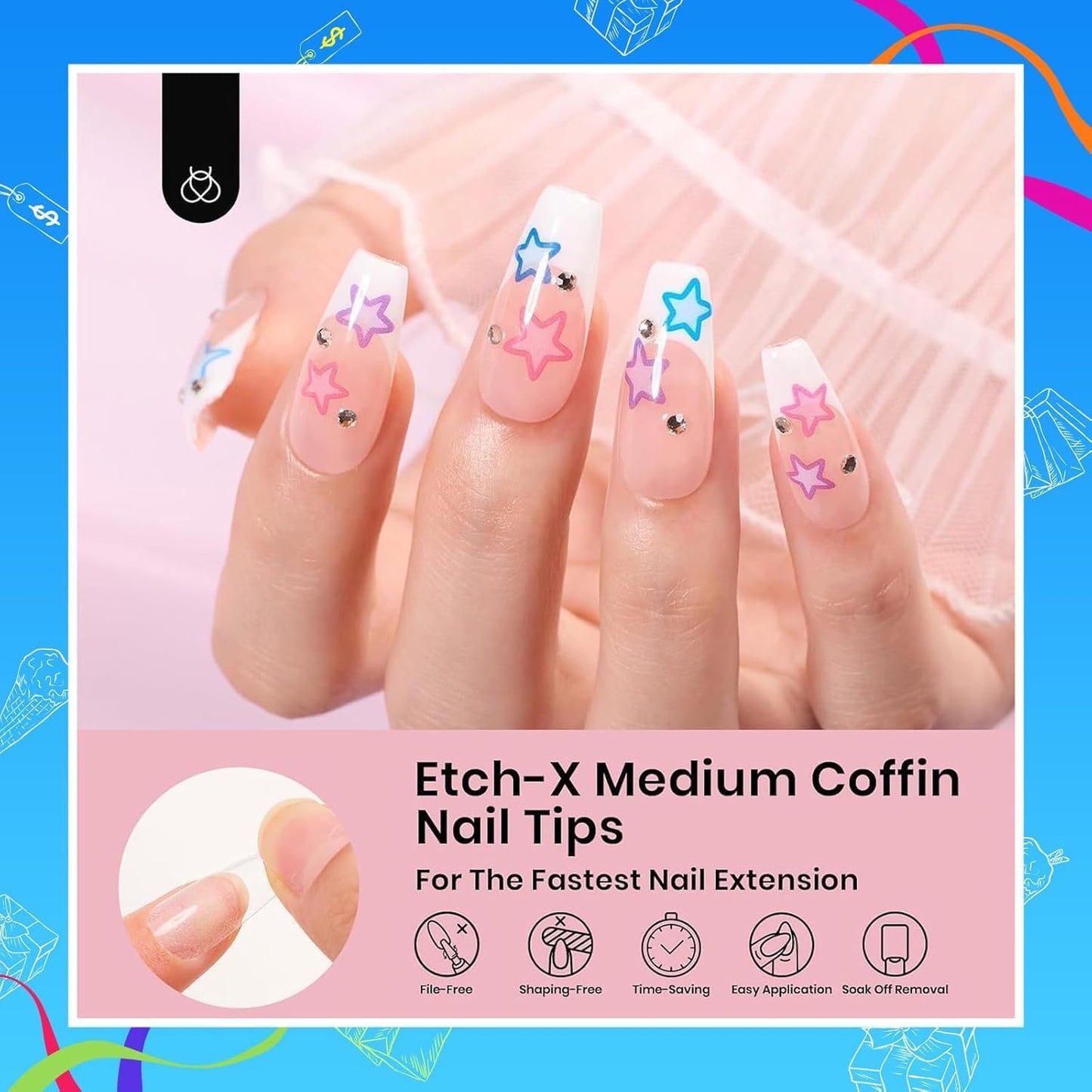 Beetles Gel Nail Tips Medium Coffin Etch X Nail Tips, 12 Sizes 288Pcs Pre Shaped Half Matte Press On Nails Full Cover False Nails for Pastel Spring Nails Acrylic Fake Nails Nail Extensions Kit