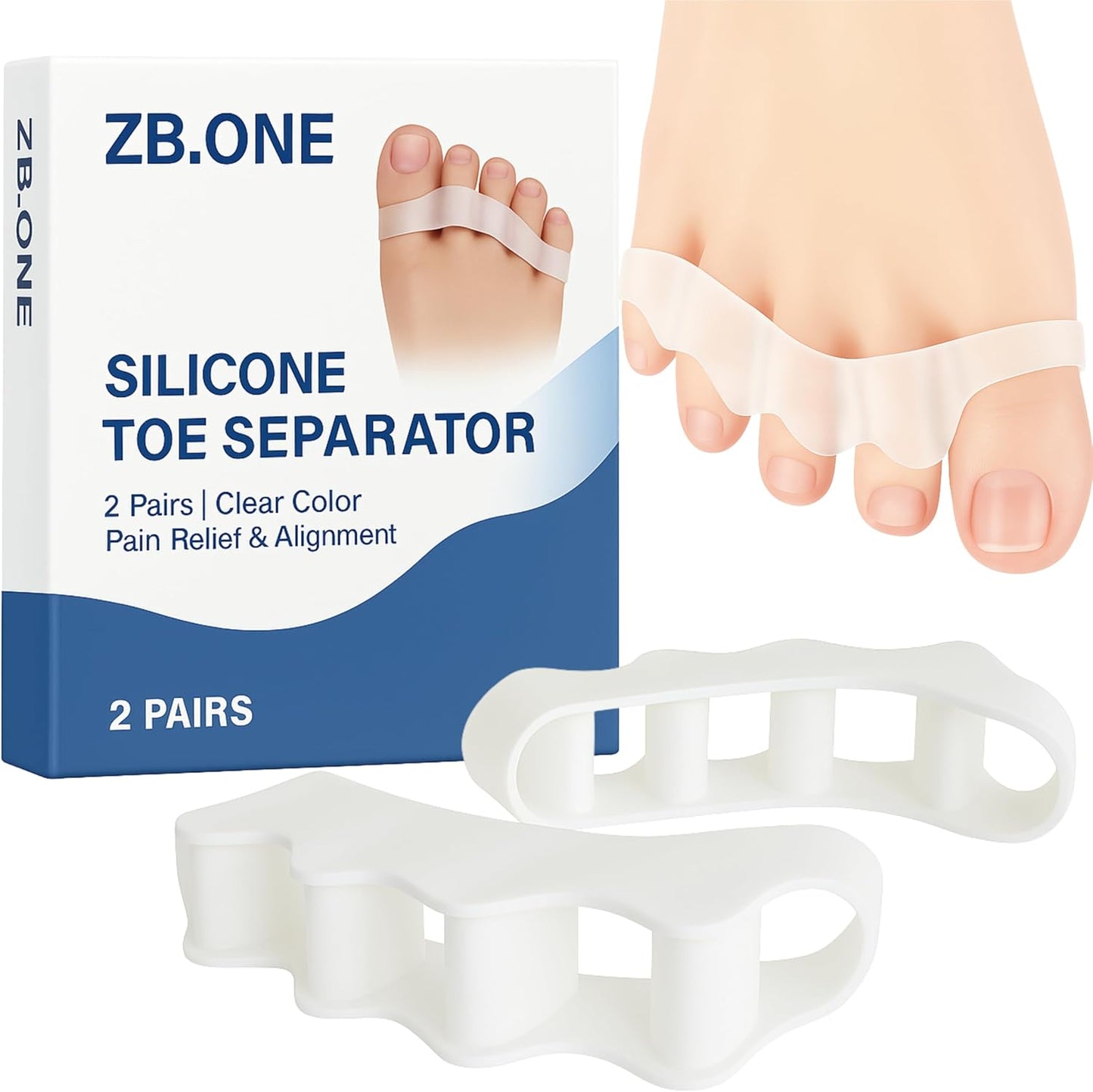 ZB.ONE Toe Separators/Toe Spacers for Women & Men, Stretchy & Flexible Toe Separator for Pedicure and Comfort, Silicon Toe Separator for Bunion Relief, Toe Spacers for Athletic Mobility, White 2 Pairs