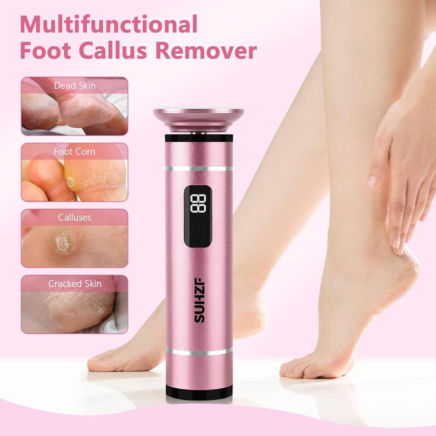 Electric-Foot-File-Callus-Remover Glass Grinding Head Electric Callus Remover for Feet Rechargeable Foot Grinder Dead Skin Pedicure Tools Adjustable Speed Foot Sander with Led Display (Pink)