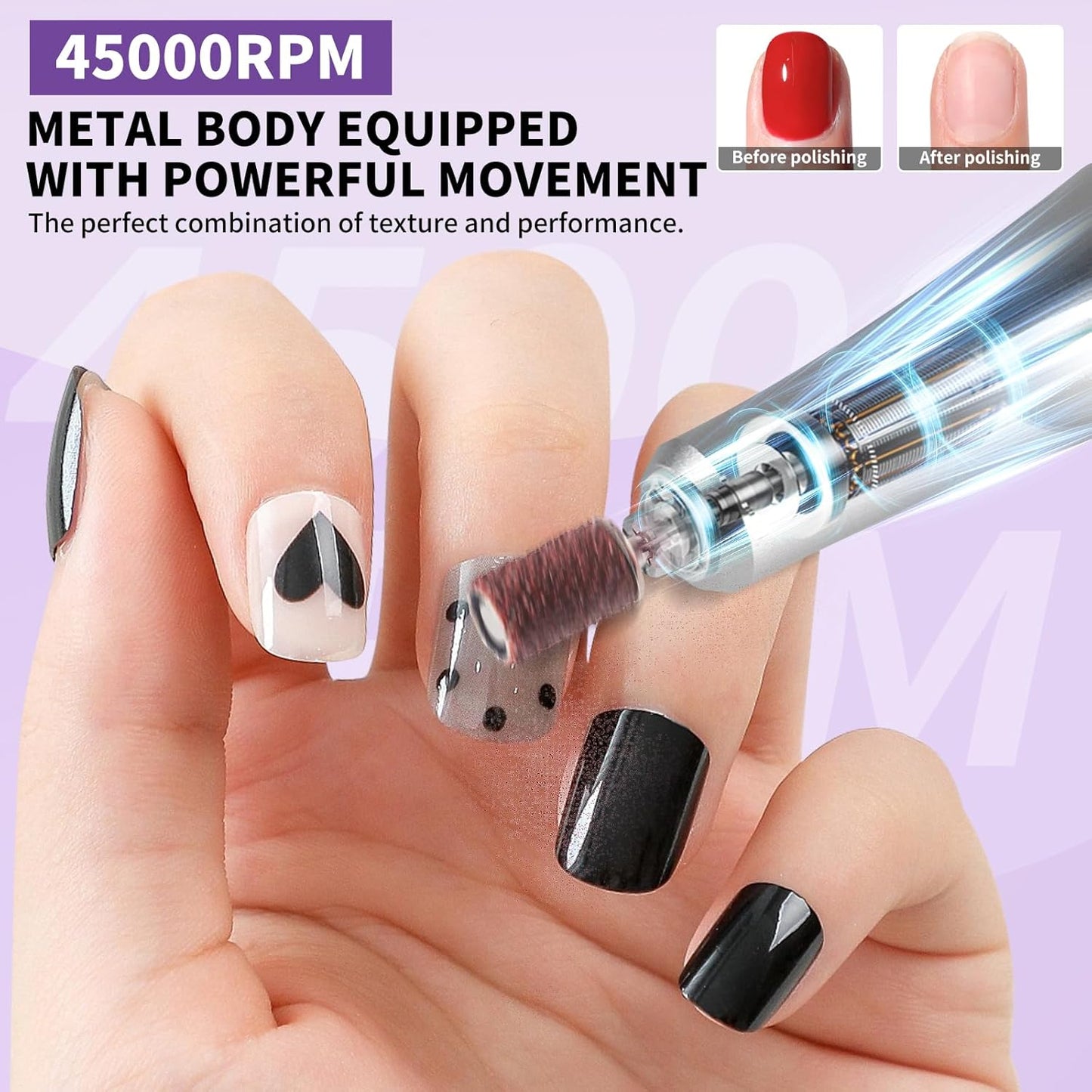 LIMEGIRL Professional Electric Nail Drill Kit 45000RPM Portable Cordless Toenail Cordless Toenail Machine with 14 Drill Bits and Base for Women (Purple)