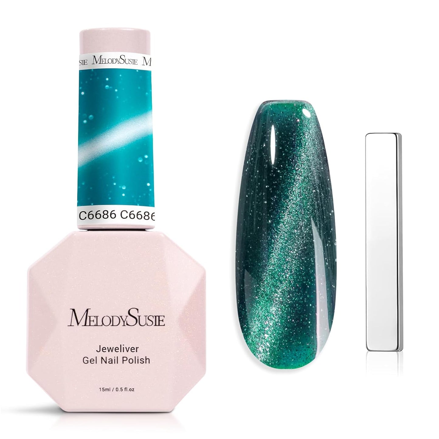 MelodySusie Jeweliver Cat Eye Gel Nail Polish, 0.5 Fl Oz Green Glitter Holographic Magnetic Nail Polish with Magnet, UV Nail Polish for Nail Art Manicure Salon DIY at Home C6686
