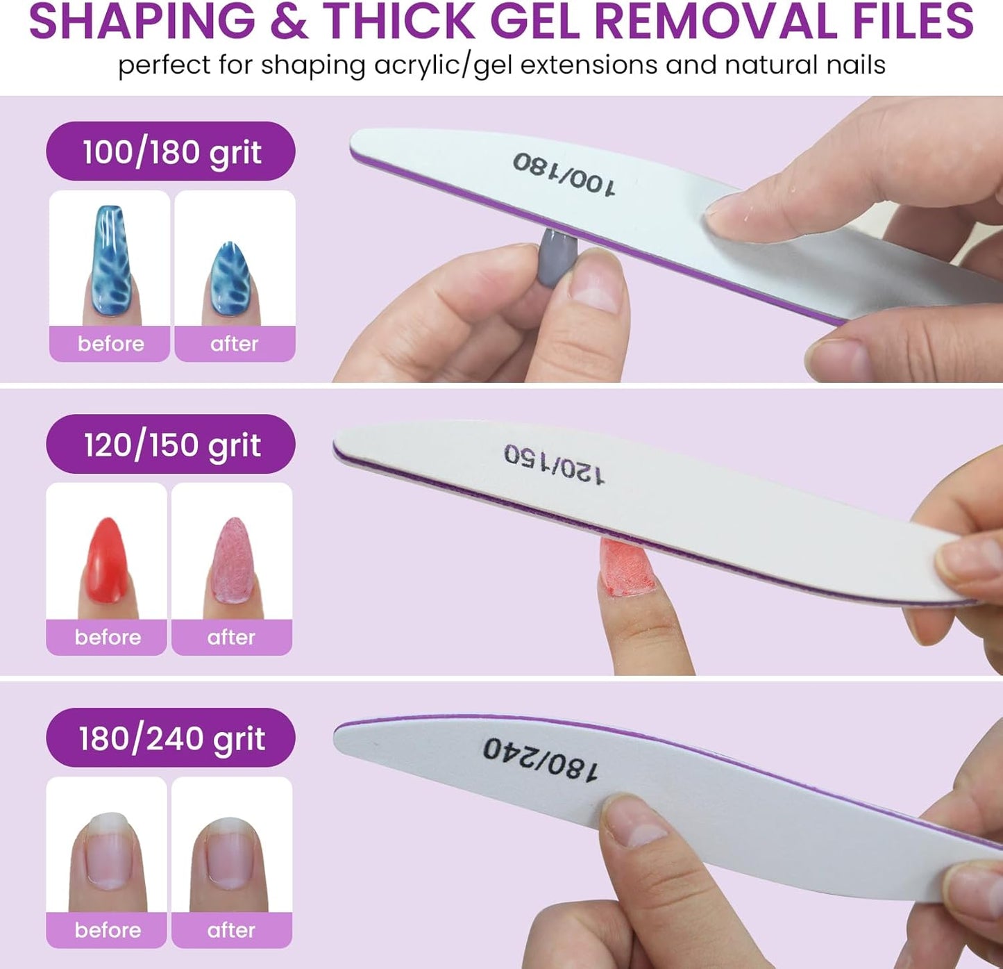 6 PCS Nail File Buffer Set for File/Buffer/Shine, Nail Files Kit for Natural Acrylic Nail, Emery Boards for Thick Nails, 100/120/150/180/220/240/280/1000/4000 Grit for Salon and Home