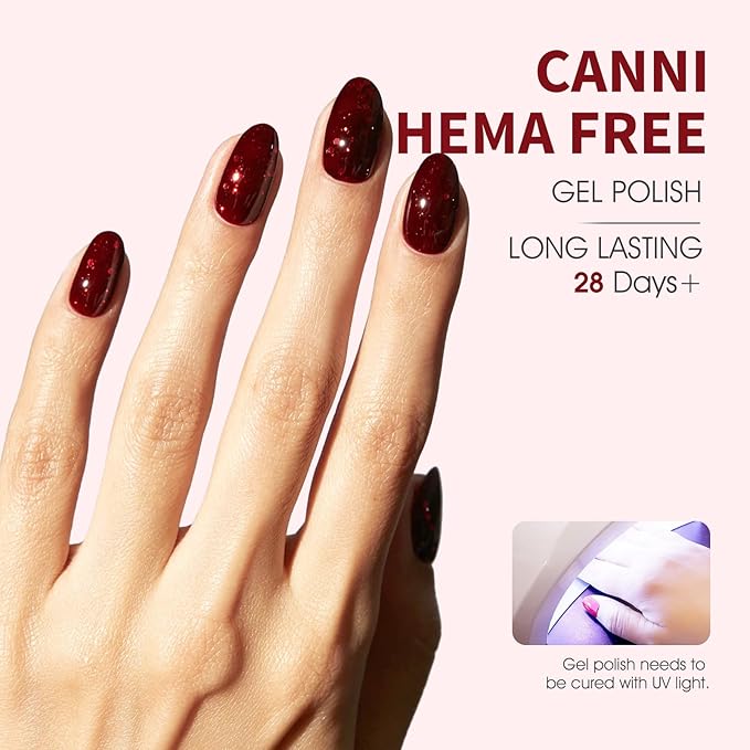 CANNI Dark Burgundy Glitter Red Gel Nail Polish, 1Pcs Sparkle Bright Red Gel Polish Color High Gloss Soak Off U V Nail Manicure Salon DIY