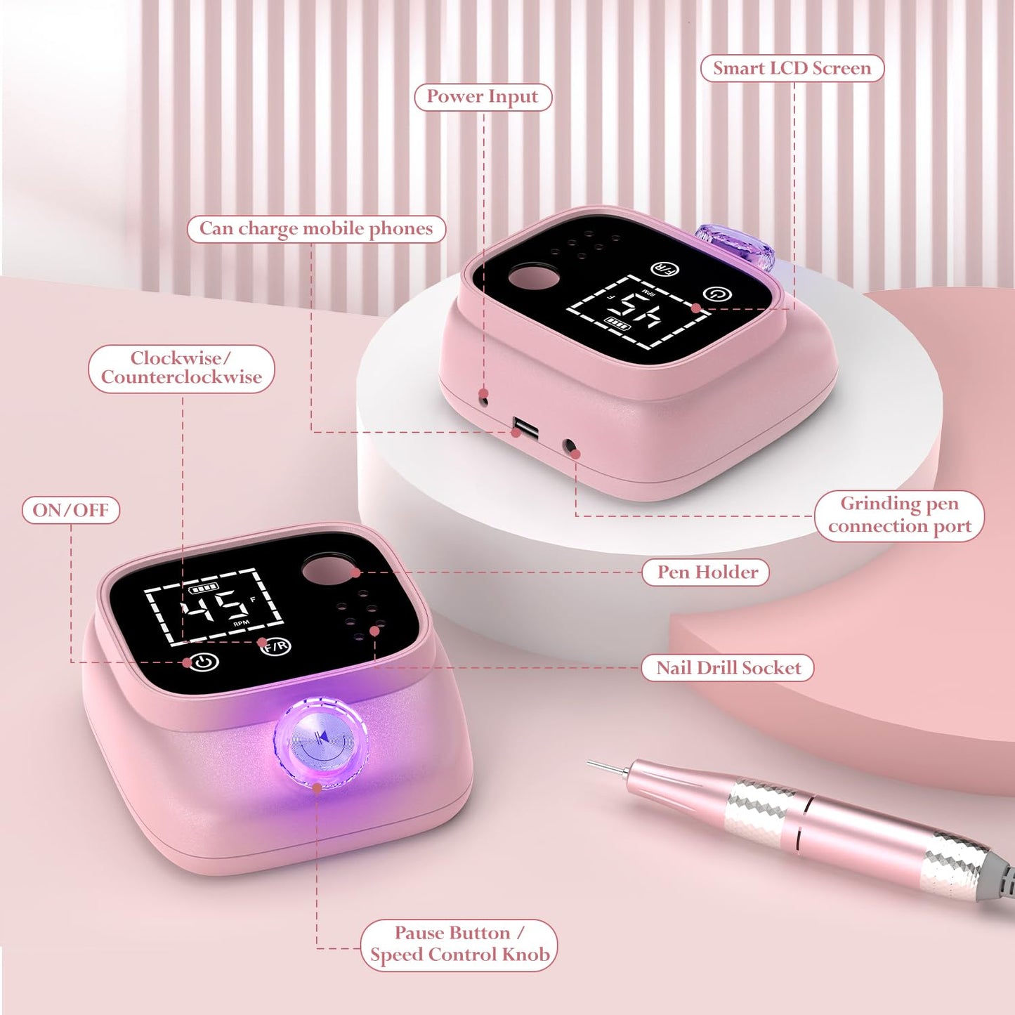 Electric Nail Drill 45000 RPM, Professional Rechargeable Nail File Kit, Nail Drill Machine, Nail Grinder, Acrylic Nail Kit for Any Manicure, Pedicure, Gel Polishing Removing, Pink