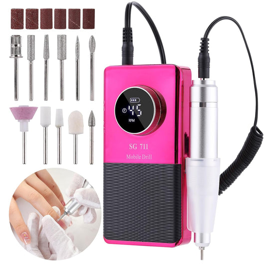 Electric 45000RPM Nail Drill Machine Rechargeable Portable Nail File Electric DIY Nail Drill Kit with Smart LCD Screen for Gel Nail Manicure and Pedicure Reflective Body etc (RED)