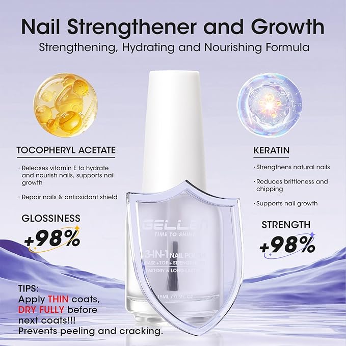 GELLEN 3-In-1 Clear Nail Polish Base Top Coat, Nail Strengthener Growth, Breathable Nail Polish, Treatment For Damaged Dry Nails, Keratin & Vit E, Air Dry, Hema Free, Non-toxic, Anti-yellowing