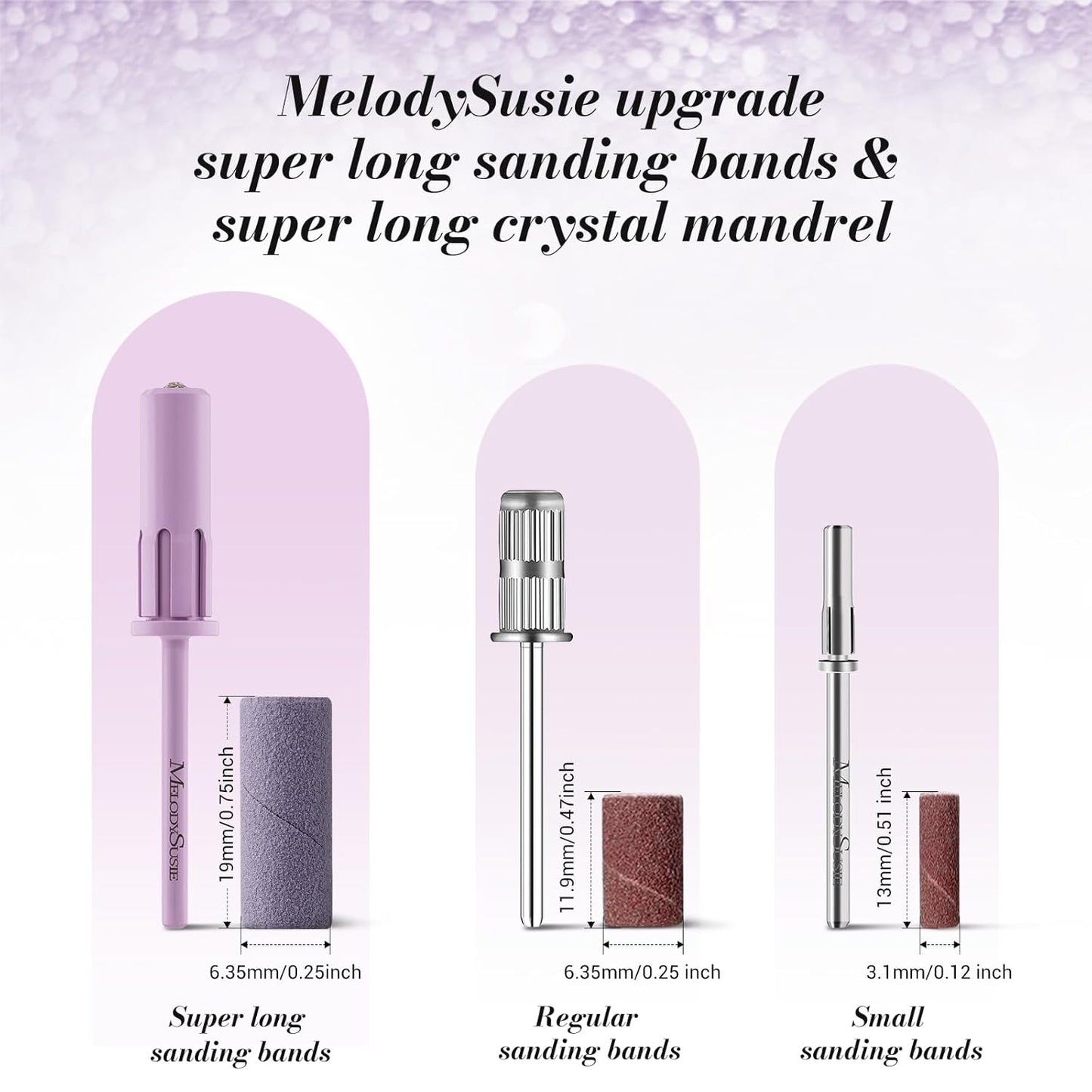 MelodySusie 50 Pcs Nail Drill Bits Super Long Sanding Bands with 6.65mm Crystal Mandrel Bit, 240 Extreme Fine Grit Nail File for Acrylic Nails Gel Manicures and Pedicure, Purple