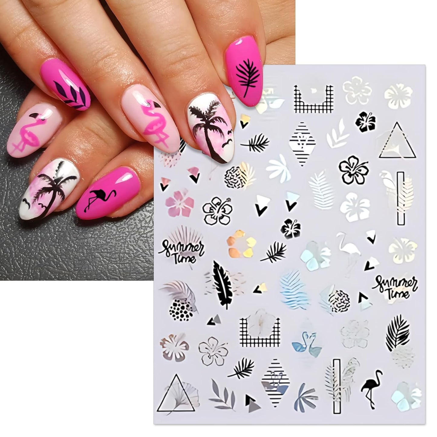 Summer Palm Tree Nail Art Stickers - Glitter Beach Mermaid Self-Adhesive Nail Decals for DIY Anchor Shell Coconut Tree Flamingo Manicure (6 Sheets)
