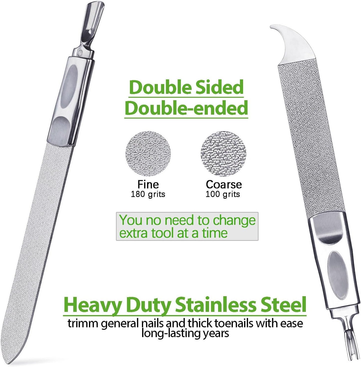 Toe Nail Files for Thick Nails, Professional Metal Nail File for Men Women Fingernail and Thick Toenails, Double-Ended and Double-Sided Stainless Steel, 2pcs Set