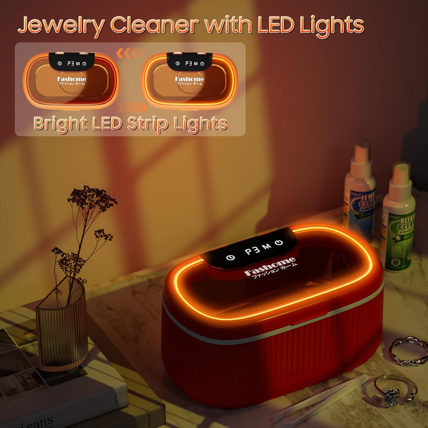 Ultrasonic Jewelry Cleaner Set with Basket/Holder - 45KHz 550ML w/Lights, 3 Powers 5 Timers & Degas Mode, 7oz Ultrasonic Cleaner Solution for Retainer, Rings, Eyeglasses, Dentures, Watches, Coins