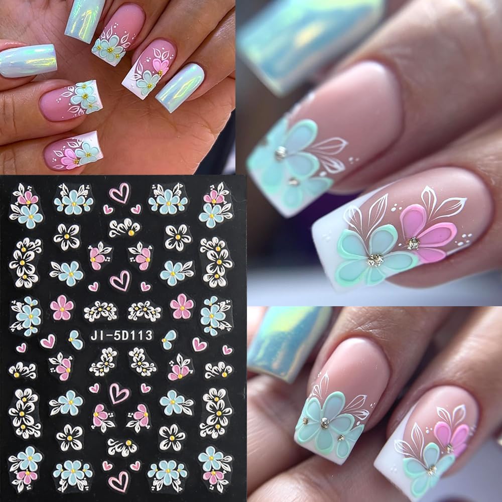 5D Embossed Flowers Nail Stickers, 4 Sheets Self-Adhesive Colorful Summer Floral Nail Decals Hibiscus Rose Butterfly Nail Art Design Manicure Decoration Accessories for Women Girls