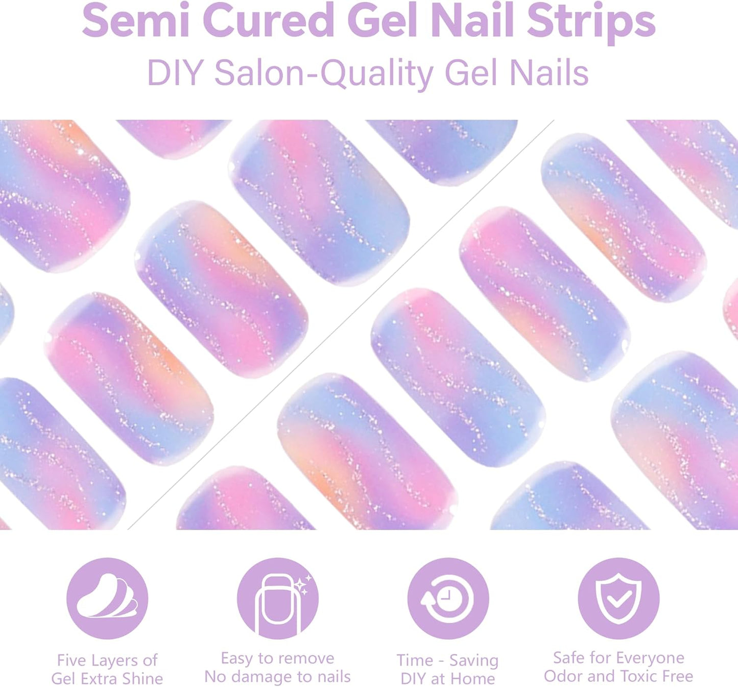 Semi Cured Gel Nail Strips-Whimsical Cloud Nail Art Press ons Multi-Color Cloud Design with Holographic Shimmer, Semi Cured Gel Nail Strips, Medium Coffin Shape(Celestial Canvas)