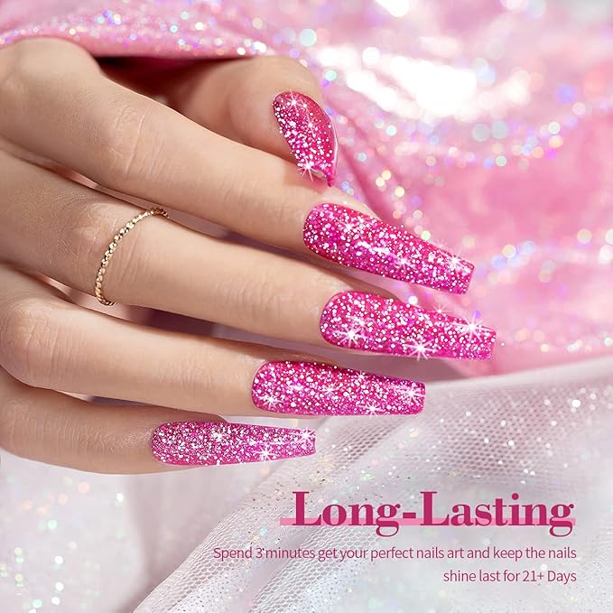 RARJSM Reflective Glitter Gel Nail Polish Sparkling Diamond Neon Pink Gel Polish Holographic Iridescent Shimmer L E D U V Soak Off Sparkle Hot Pink Gel Polish Nail Art Manicure Salon DIY at Home