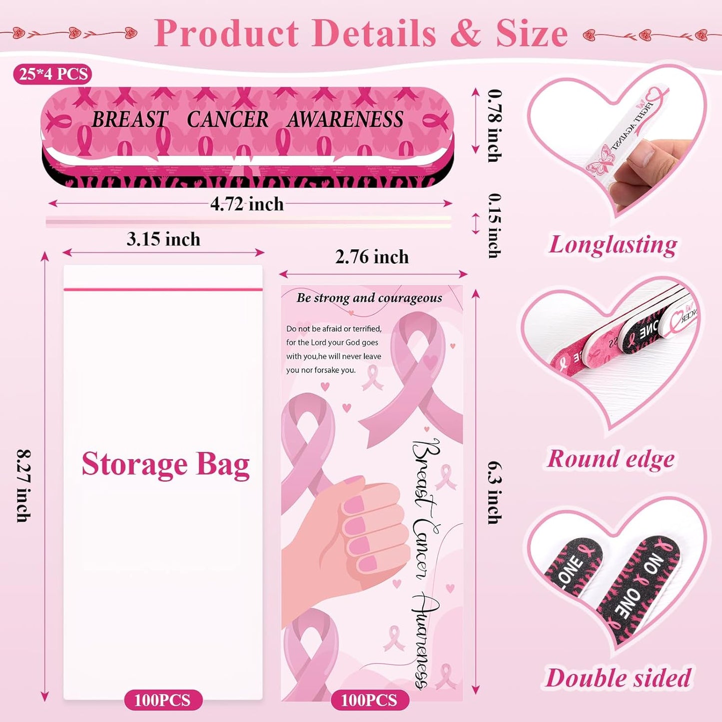 100 Sets 4.72" Breast Cancer Awareness Gift Nail File with Pink Ribbon Design Breast Cancer Awareness Nail Files Bulk Manicure Tools for Women Party Gift Accessories (100PC)