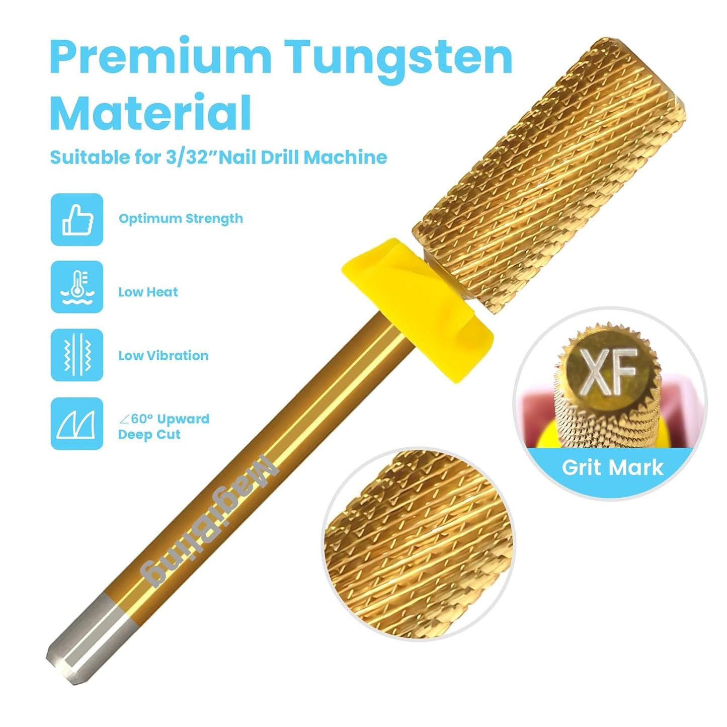 3/32'' Super Cut Nail Drill Bits for Fast Hard Gel Removal, MagiBling Tungsten Carbide Bits for Professional Users, Upward Deep Cut, Right Hand Use, Manicure Cuticle Gel Polishing, Extra Fine.