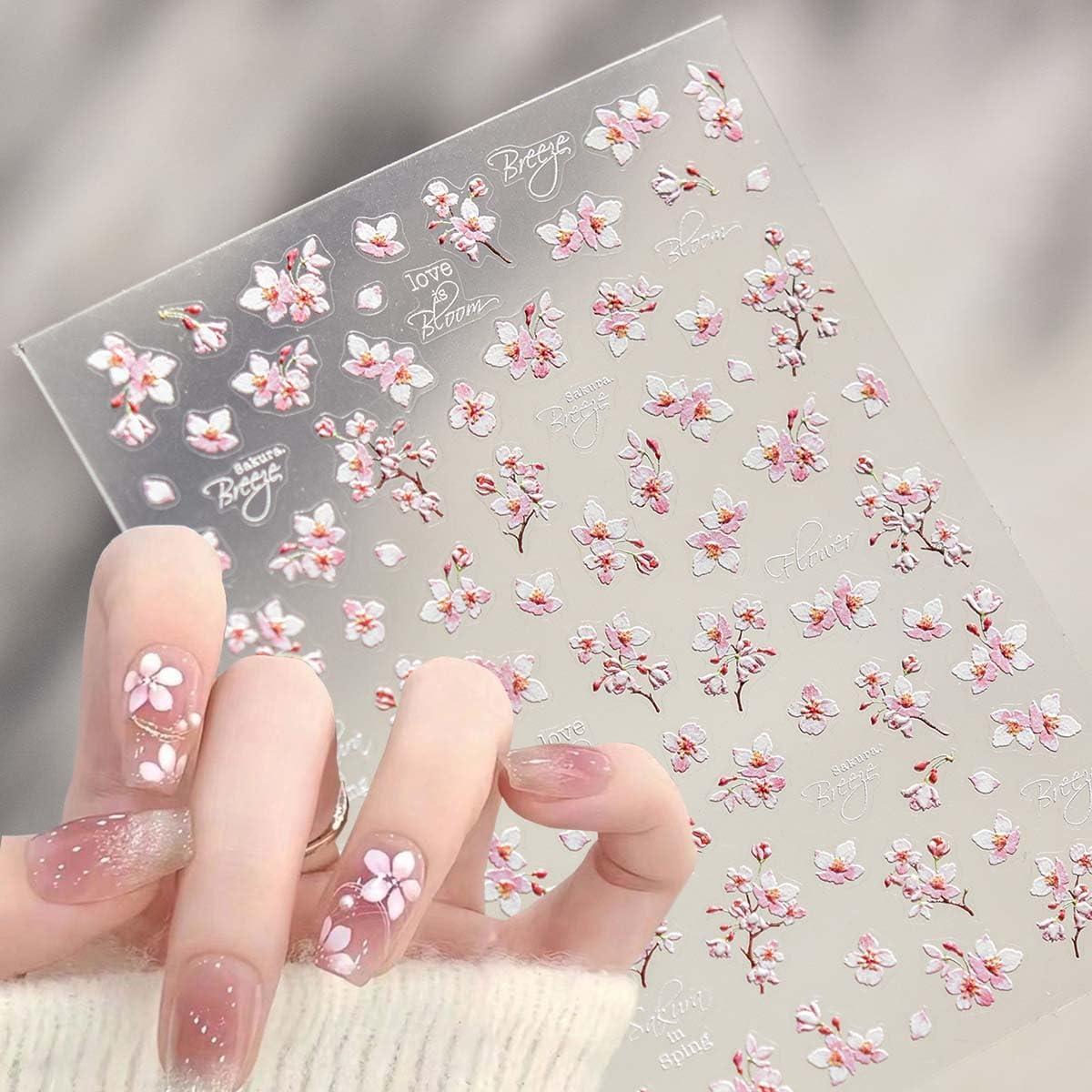 5D Embossed Flower Nail Art Stickers Cherry Blossoms Nails Decals White Pink Sakura Floral Nail Stickers Spring Summer Nails Design Flower Supplies for Women DIY Manicure Decoration Accessories 1Pcs