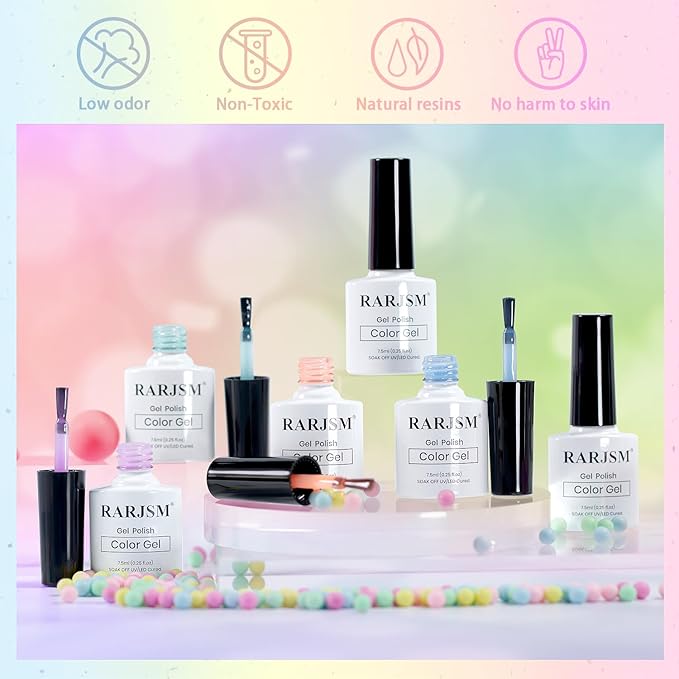 RARJSM Pastel Stained Glass Gel Nail Polish Set 6pcs Clear Orange Yellow Blue Pink Purple Crytal Transparent Jelly Series Sheer Amber Gel Varnish LED UV Curing Requires Spring Easter French Manicure