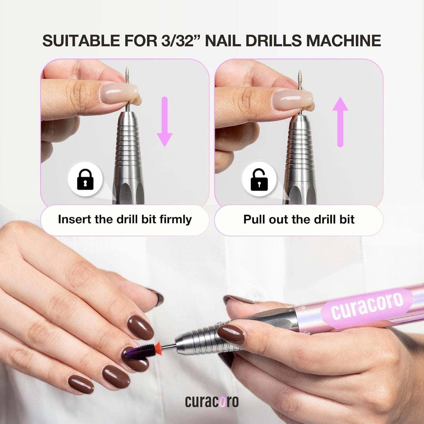 Curacoro Nail Drill Bits 3/32'' - Typhoon Bits, 2 Way, Carbide Bit (Medium) for Professional Finish, Fast Remove, Refine & Smooth Acrylic or Gel Nails, Precise & Easy Control, Nail Art Salon & Home
