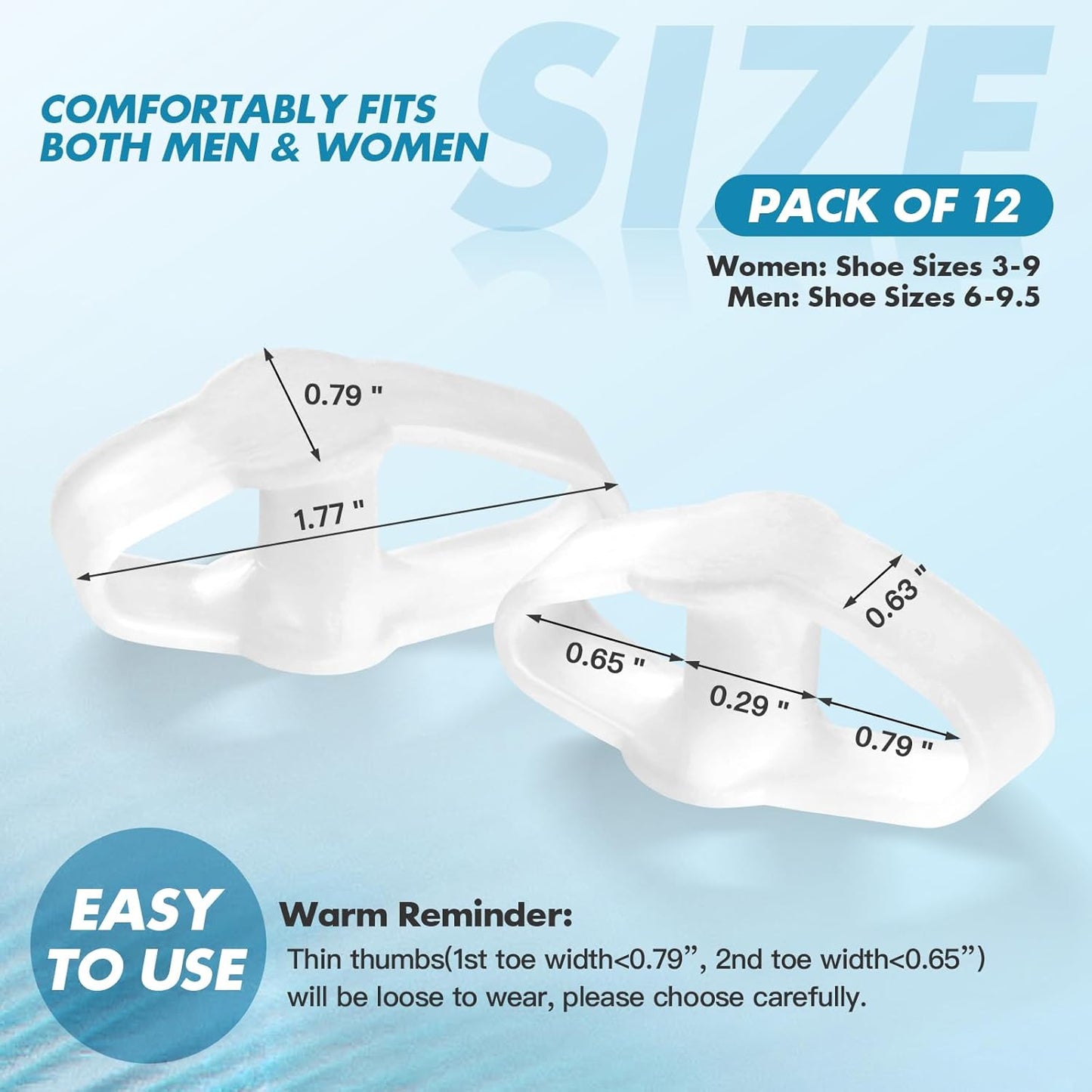 Pack of 12 Bunion Toe Separators Corrector for Big Toe, (0.29" Thick) Gel Toe Separators for Women Overlapping Toes with 2 Loops, Silicone Toe Spacers for Men Bunion for Alignment Feet(Clear)