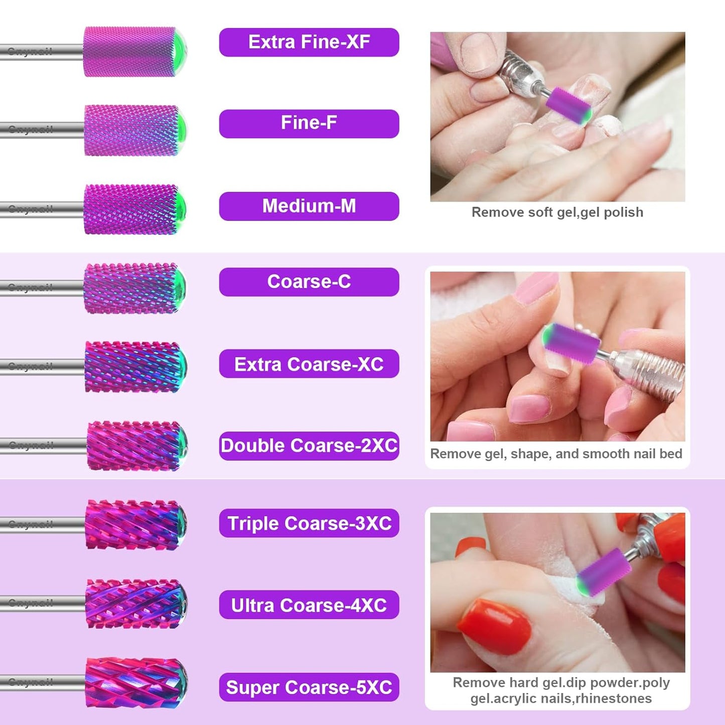 3/32" 2PCS Large Barrel Smooth Round Top Tungsten Carbide Nail Drill Bit Safety Bit for Gel & Acrylic Removal, 2-Way Rotating Efile Tip, Salon Electric File Accessory (M Grit, Purple)