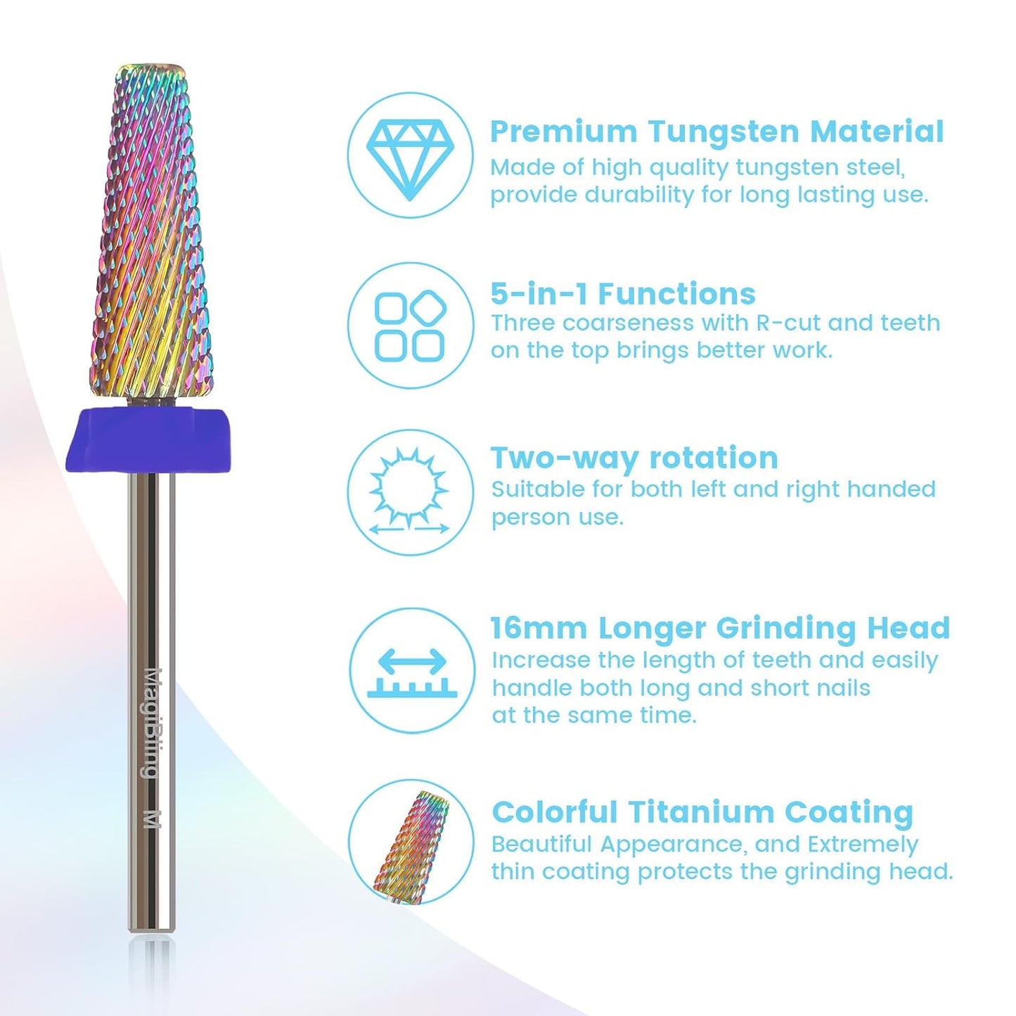 M 5 in 1 Nail Drill Bits, 16mm Tapered 3/32'' Professional Tungsten Carbide Bits for Efile, 2 Rotation for Electric Drill, Remove Thick & Soft Gel Fast, Manicure Cuticle Polishing, Techs Bits, Medium.