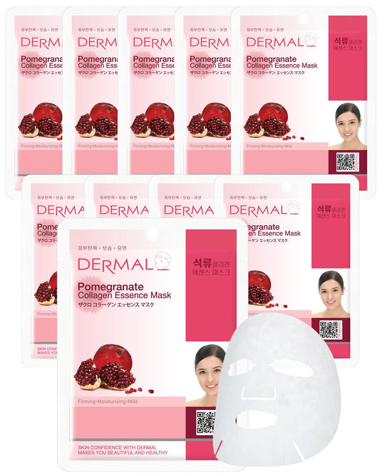 DERMAL Pomegranate Collagen Korean Facial Mask Sheet Pack of 10- Revitalizing, Vibrant Skin, Elasticity - Hypoallergenic Skin Friendly Sheet