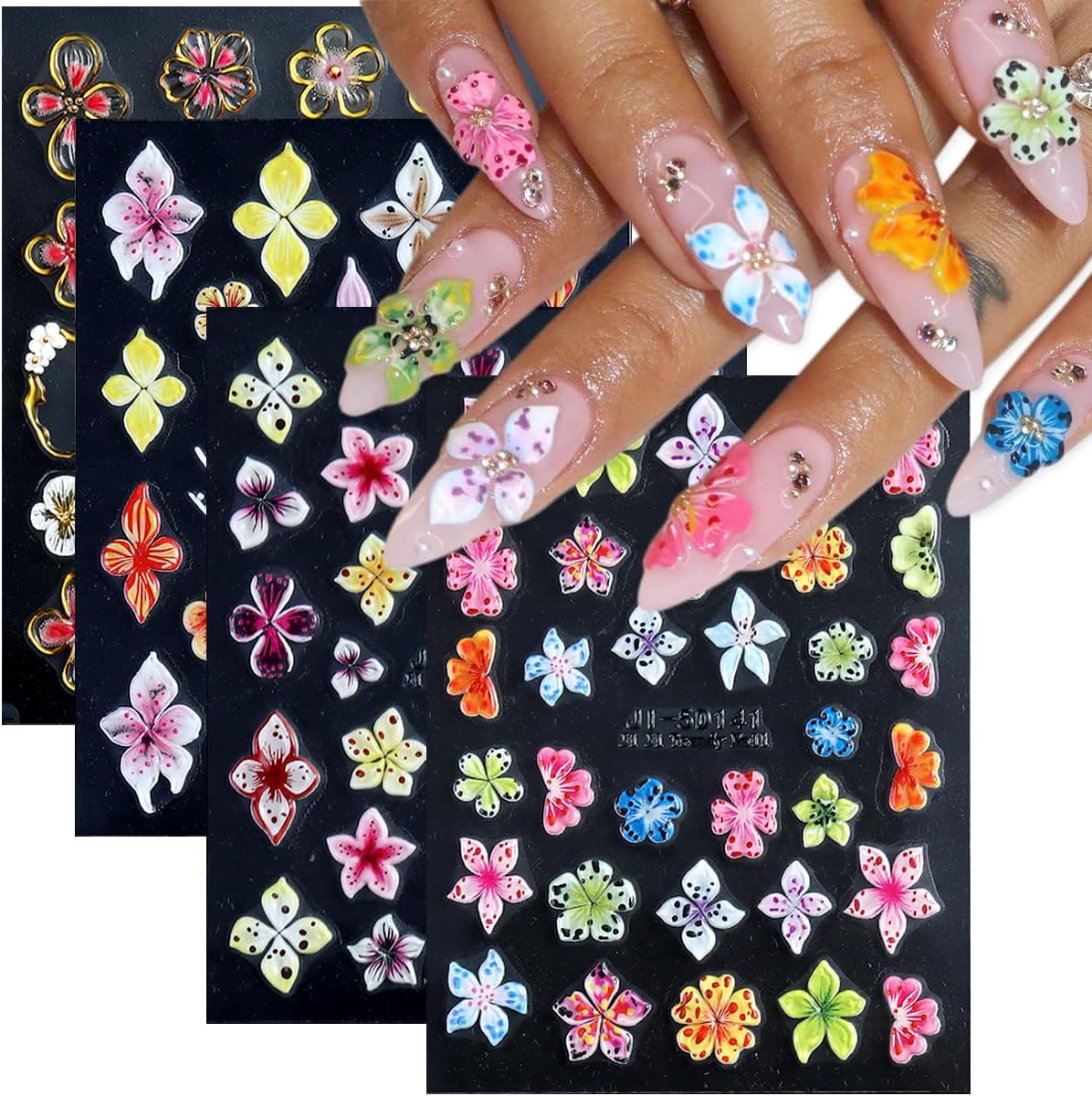 Flower Nail Stickers 5D Embossed Lily Flower Stickers for Nails Hibiscus Self Adhesive Floral Nail Decals Gold Flower Nail Charms Vacation Design Pegatinas para Uñas 4 Sheet