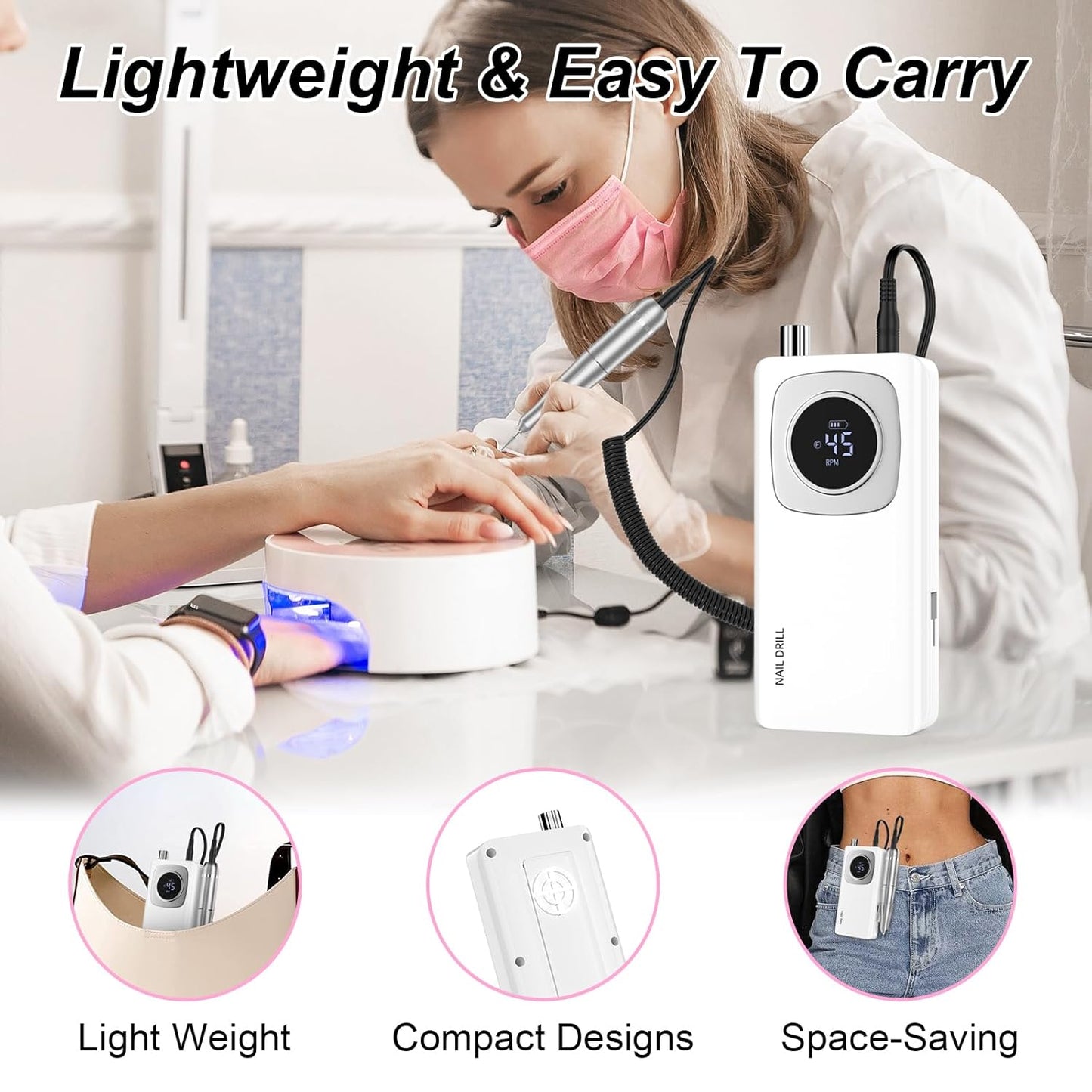 Electric Nail Drill Professional: Rechargeable Nail File with Bits for Acrylic Gel Nails, Professional Nail Drill Manicure Pedicure Polishing Shape Tools for Home Salon