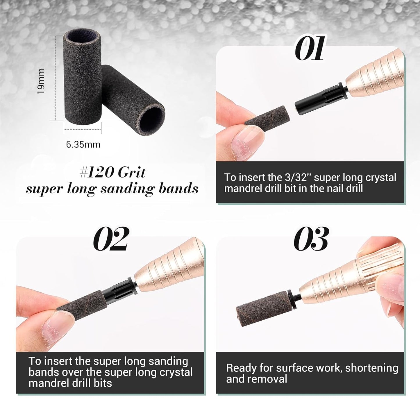 MelodySusie 50 Pcs Nail Drill Bits Super Long Sanding Bands with 6.65mm Crystal Mandrel Bit, 180 Fine Grit Nail File for Acrylic Nails Gel Manicures and Pedicure, Black