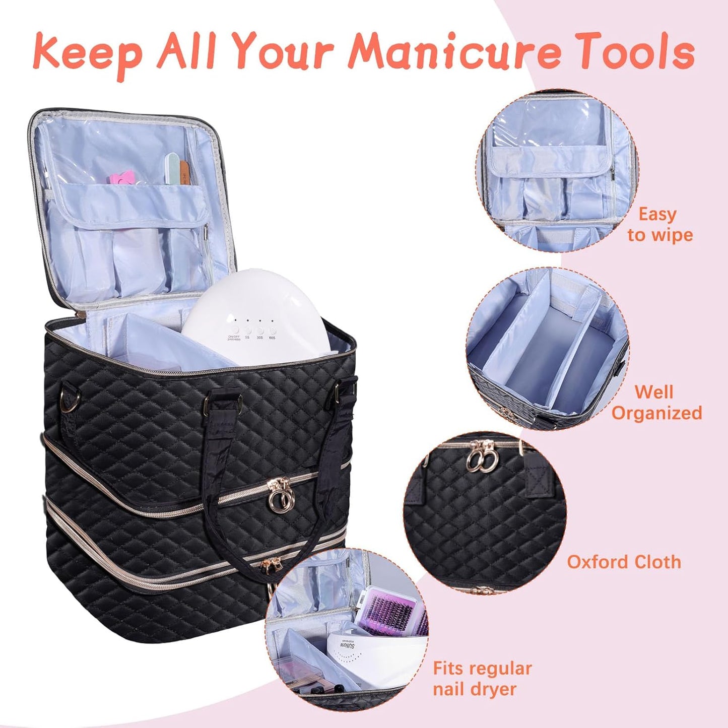 Nail Polish Organizer Case,3 Layers Nail Organizers and Storage With Detachable Holds 84 Bottles Nail Polish & Nail Lamp Large Nail Polish Organizer Bag ,for Manicure Tools, Nail Polish Kit (Black)