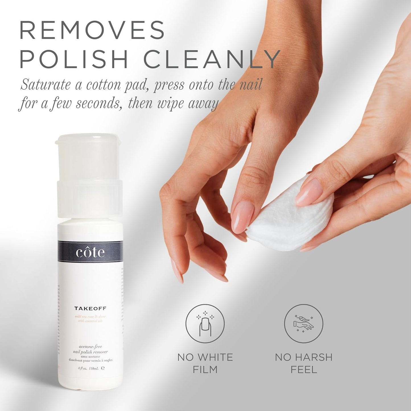 Côte Beauty’s Takeoff Non-Acetone Nail Polish Remover, Scented with Wild Sea Rose & Essential Oils, Vegan & Cruelty-Free, Gentle Nail Polish Remover with No Chalky Residue, 4 Fl Oz