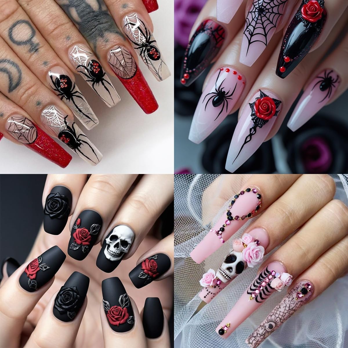 3D Horror Halloween Nail Art Stickers Decals Scary Skeleton Crow Spider Skull Nail Stickers with Spider Web Design Self-Adhesive Red Blue Rose Nail Decals for Women DIY Manicure 4 Sheets